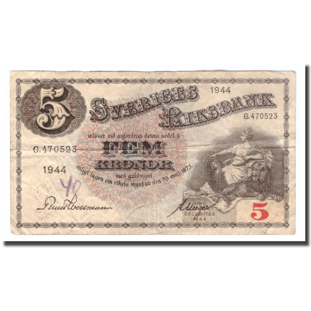 Banknote, Sweden, 5 Kronor, 1944, 1944, KM:33aa, VG(8-10)