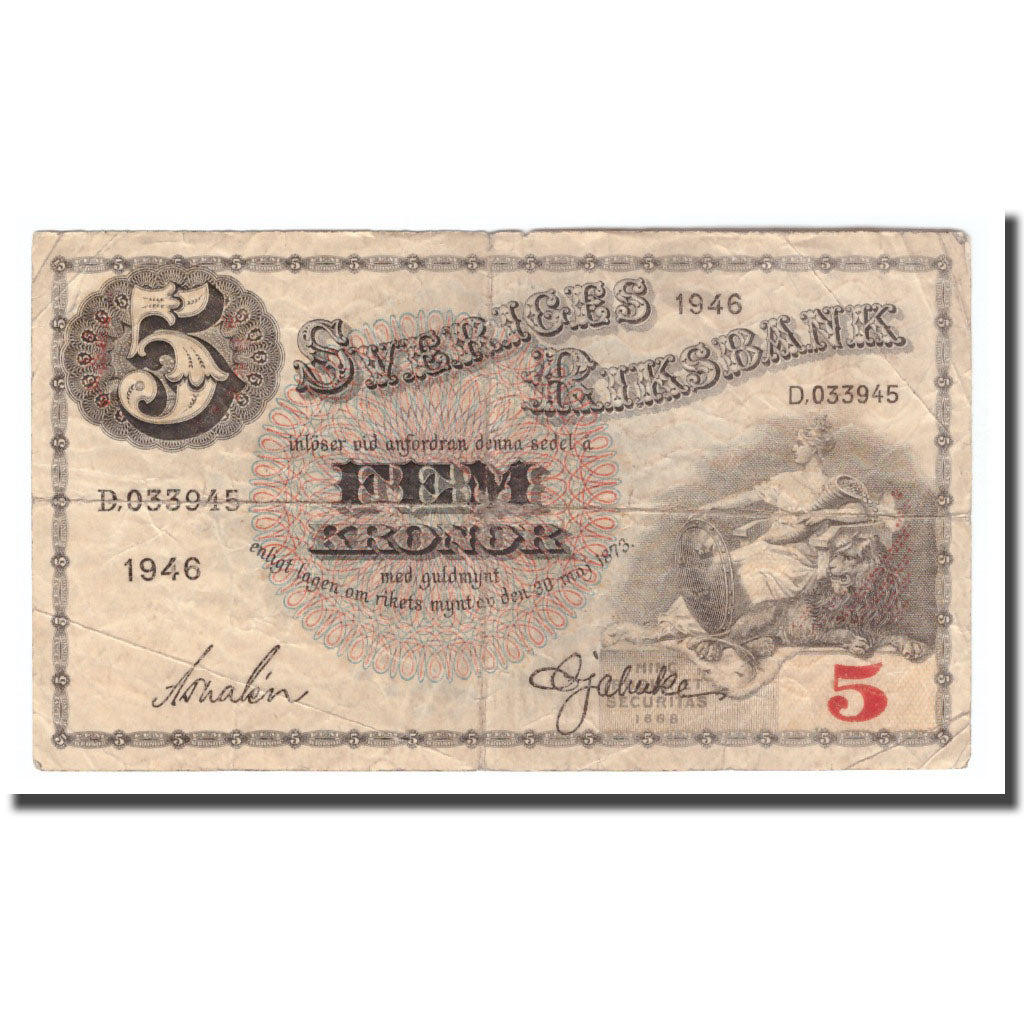 Banknote, Sweden, 5 Kronor, 1946, 1946, KM:33ac, VG(8-10)
