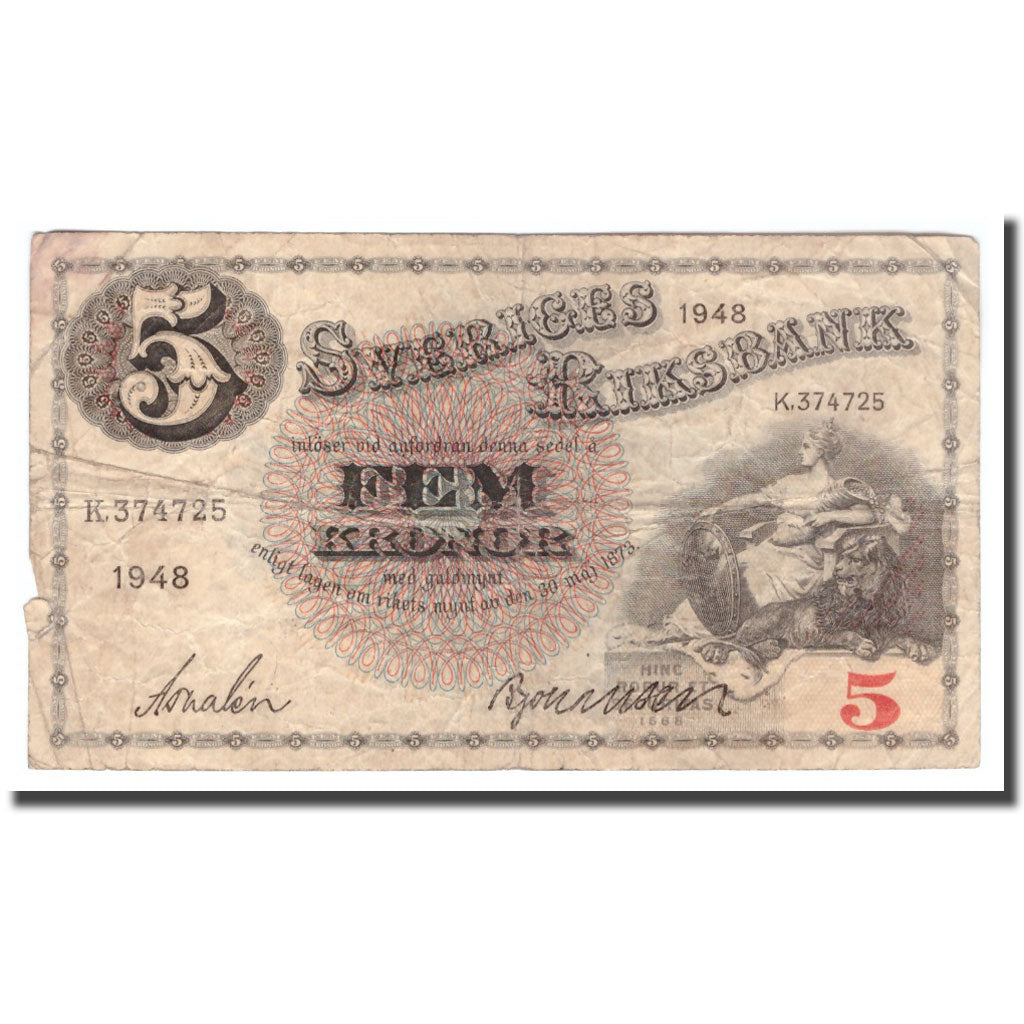 Banknote, Sweden, 5 Kronor, 1948, 1948, KM:33ae, VG(8-10)
