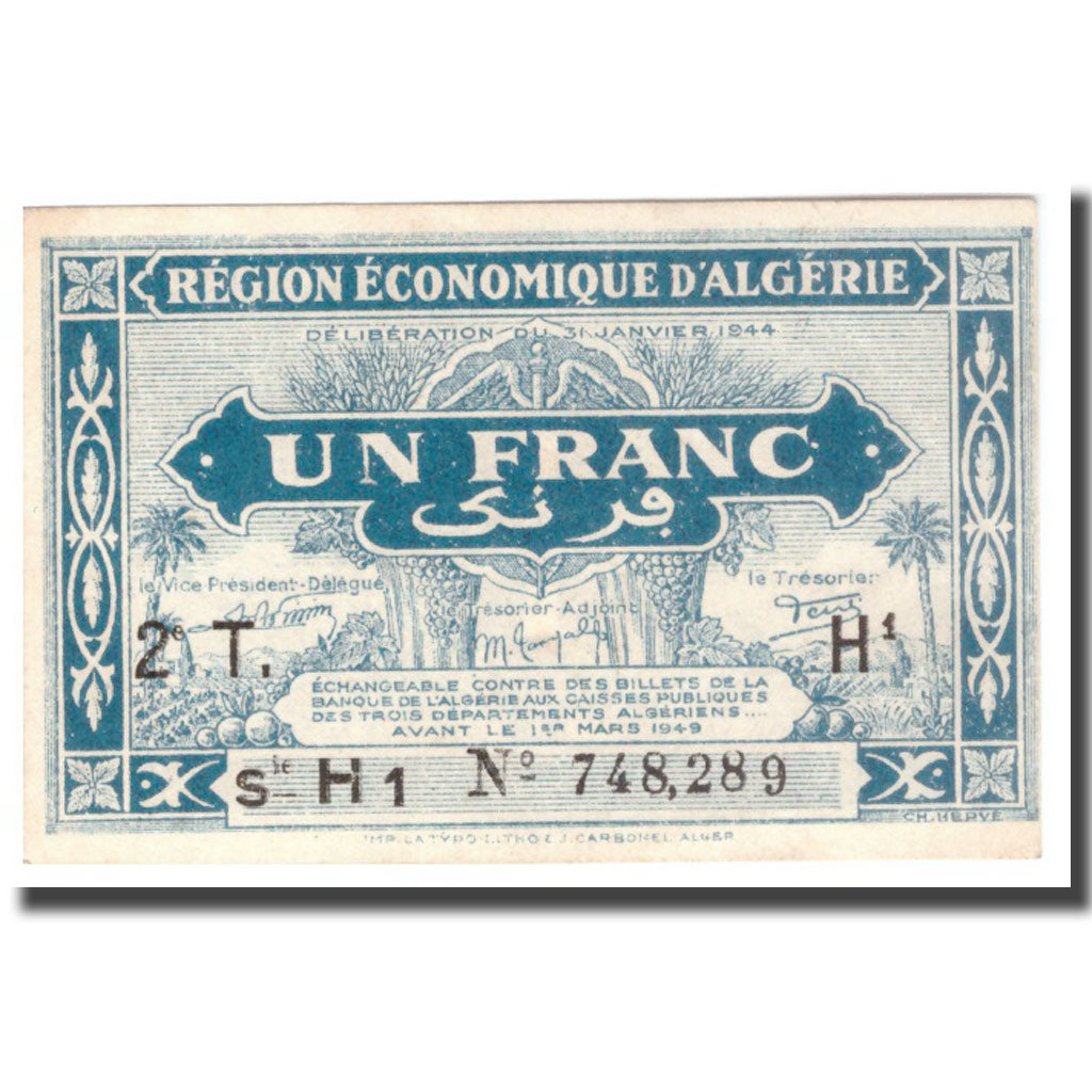 Banknote, Algeria, 1 Franc, 1944, 1944-01-31, KM:101, AU(55-58)