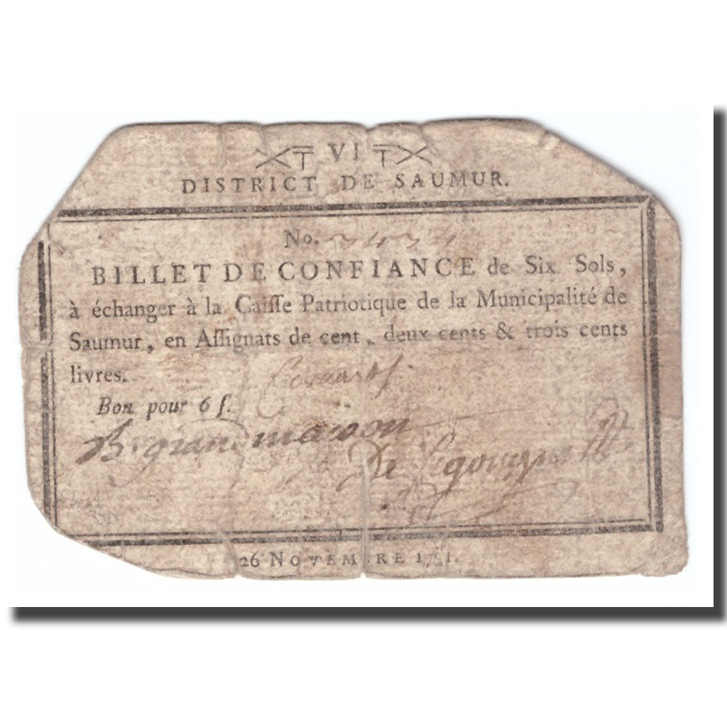 France, 6 Sols, 1791, 1791-11-26, SAUMUR, VG(8-10)