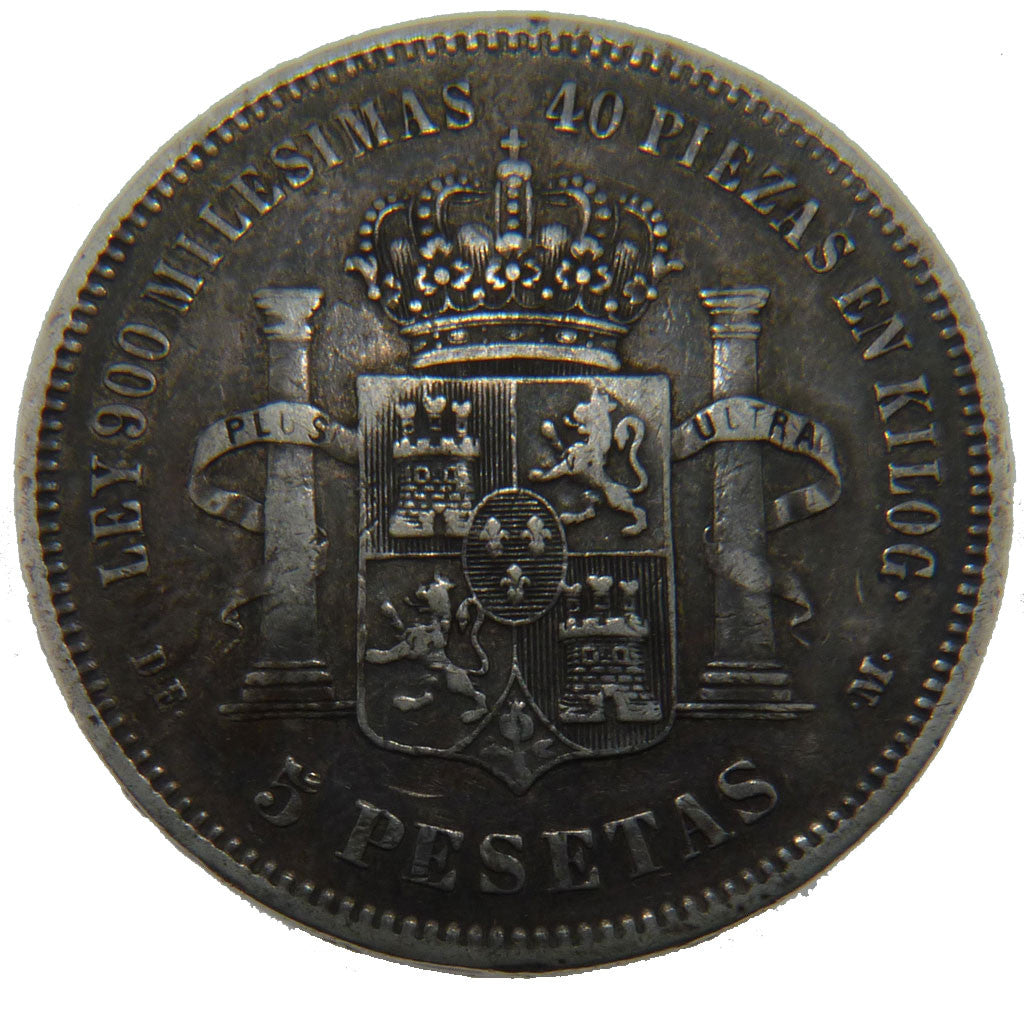 SPAIN, 5 Pesetas, 1875, KM #671, EF(40-45), Silver, 25.00