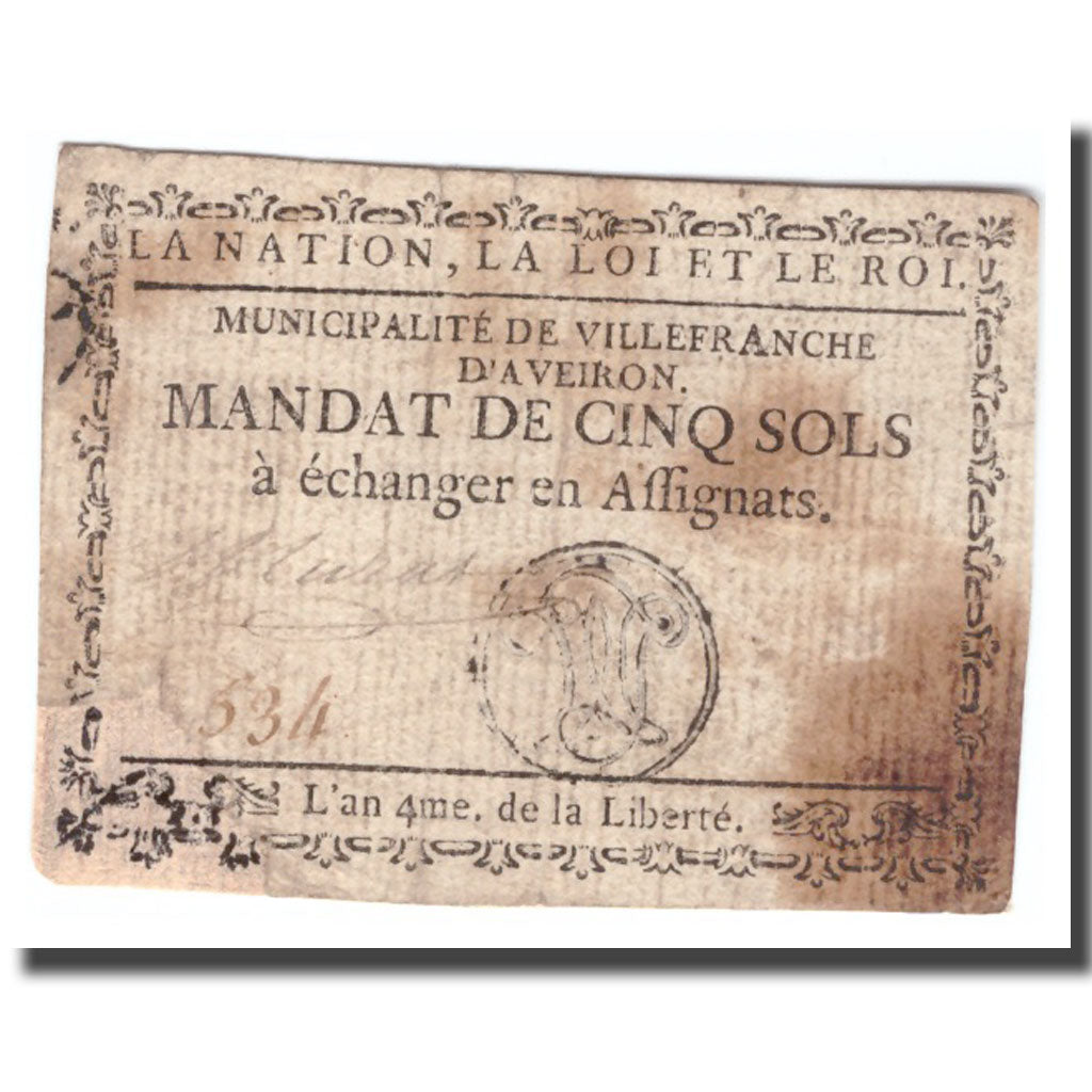 France, 5 Sols, Undated (1791-92), VILLEFRANCHE, VF(30-35)