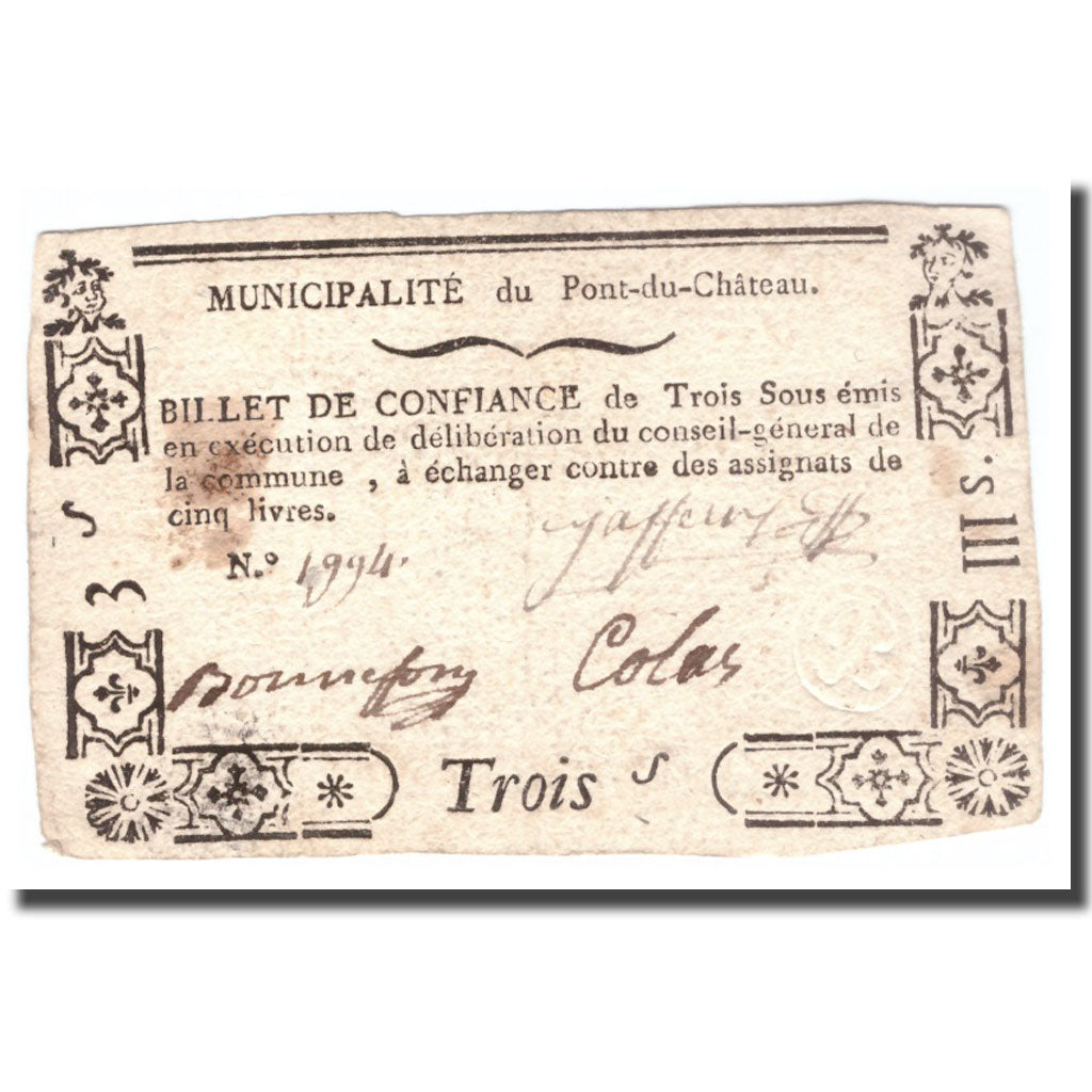 France, 3 Sous, Undated (1791-92), PONT-DU-CHATEAU, EF(40-45)