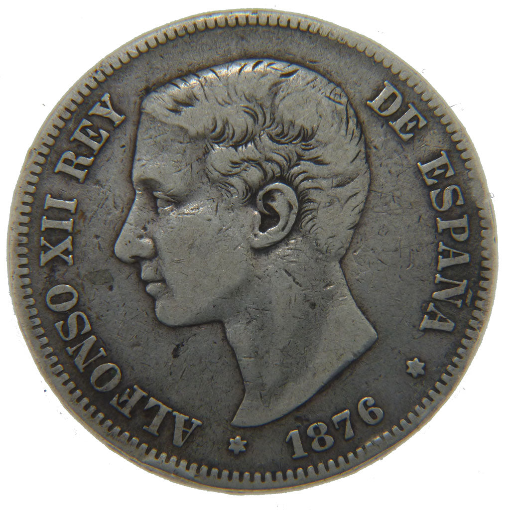 SPAIN, 5 Pesetas, 1876, KM #671, VF(20-25), Silver, 25.00