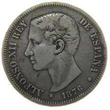 SPAIN, 5 Pesetas, 1876, KM #671, VF(20-25), Silver, 25.00