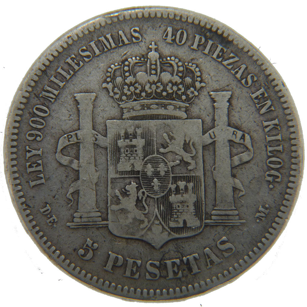 SPAIN, 5 Pesetas, 1876, KM #671, VF(20-25), Silver, 25.00