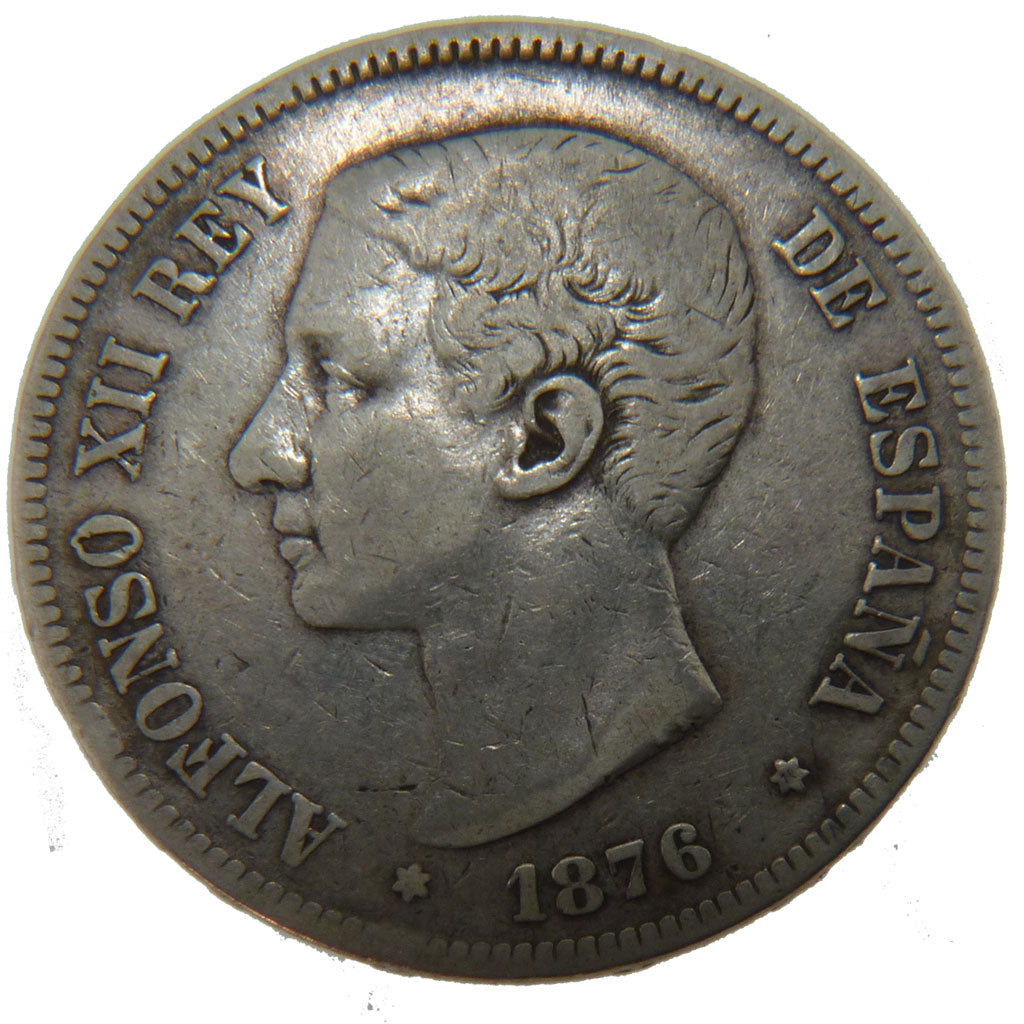 Spain, 5 Pesetas, 1876, KM #671, VF(20-25), Silver, 25.00