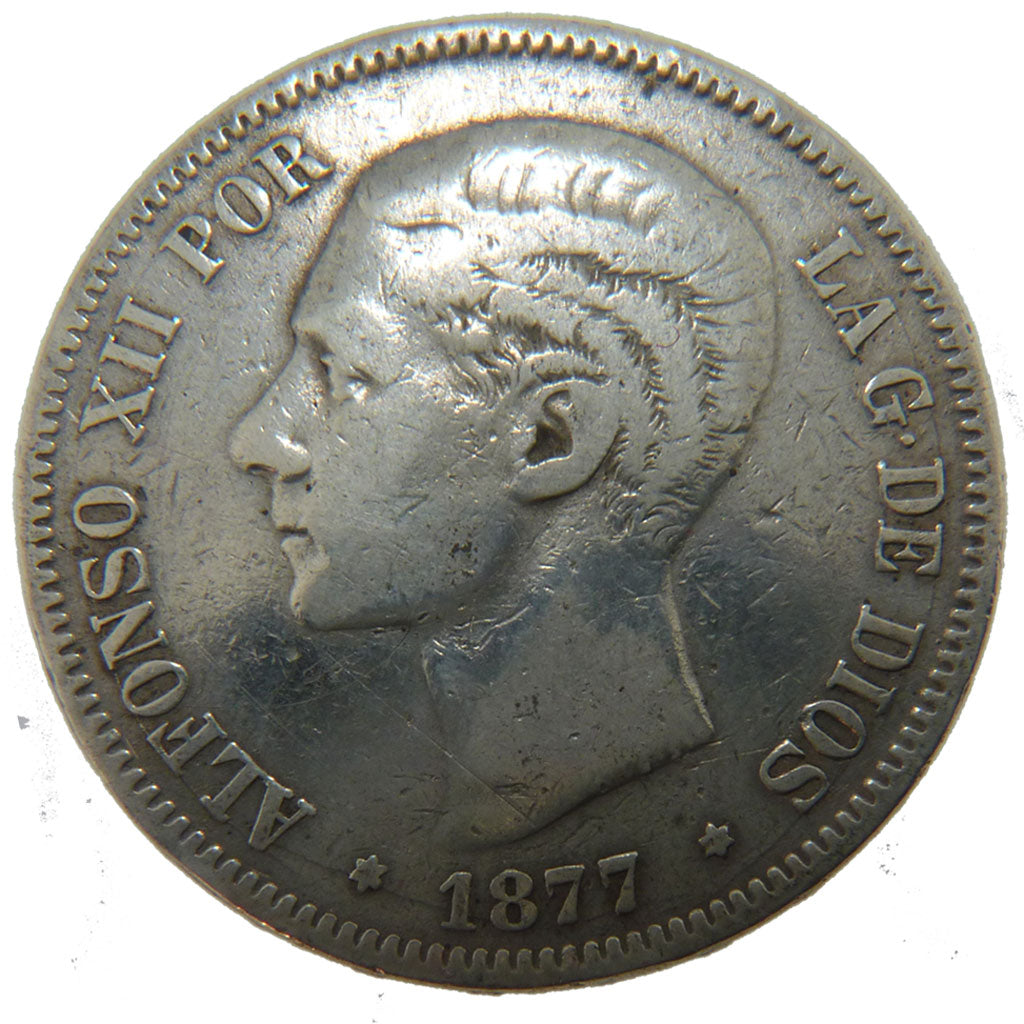 Spain, 5 Pesetas, 1877, KM #676, VF(20-25), Silver, 25.00