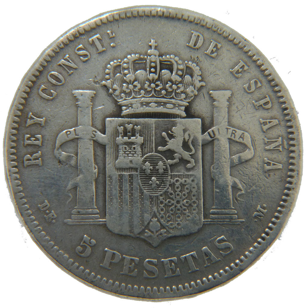 Spain, 5 Pesetas, 1877, KM #676, VF(20-25), Silver, 25.00