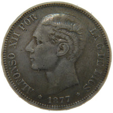SPAIN, 5 Pesetas, 1877, KM #676, EF(40-45), Silver, 25.00