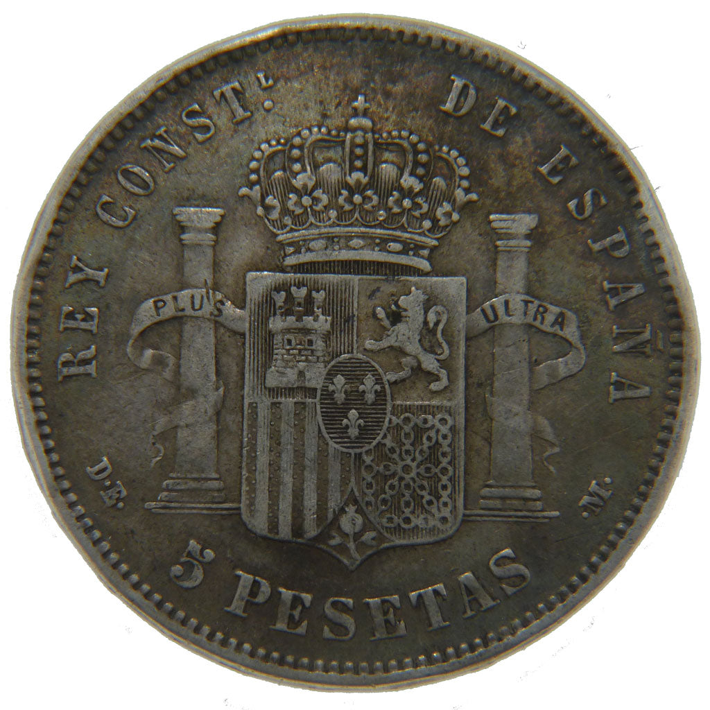 SPAIN, 5 Pesetas, 1877, KM #676, EF(40-45), Silver, 25.00
