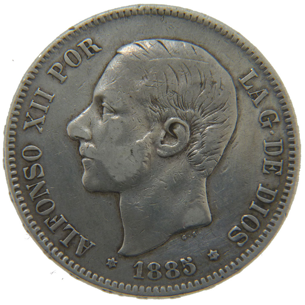 Spain, 5 Pesetas, 1885, KM #688, EF(40-45), Silver, 25.00
