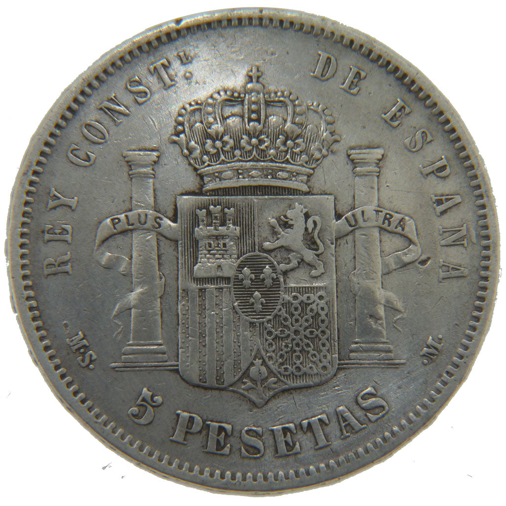 Spain, 5 Pesetas, 1885, KM #688, EF(40-45), Silver, 25.00