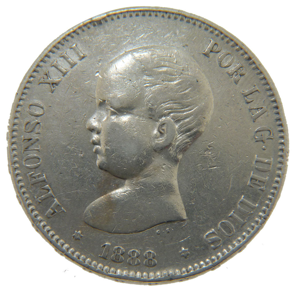 Spain, 5 Pesetas, 1888, KM #689, EF(40-45), Silver, 25.00