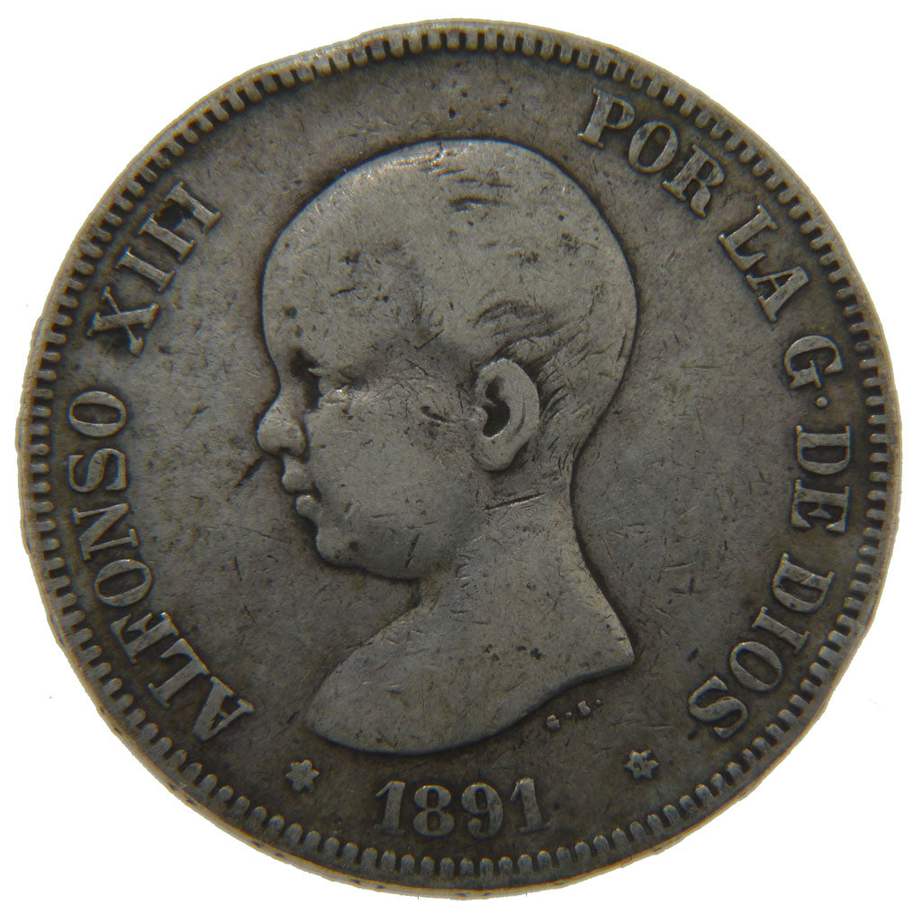 Spain, 5 Pesetas, 1891, KM #689, VF(20-25), Silver, 25.00