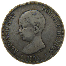 Spain, 5 Pesetas, 1891, KM #689, VF(20-25), Silver, 25.00