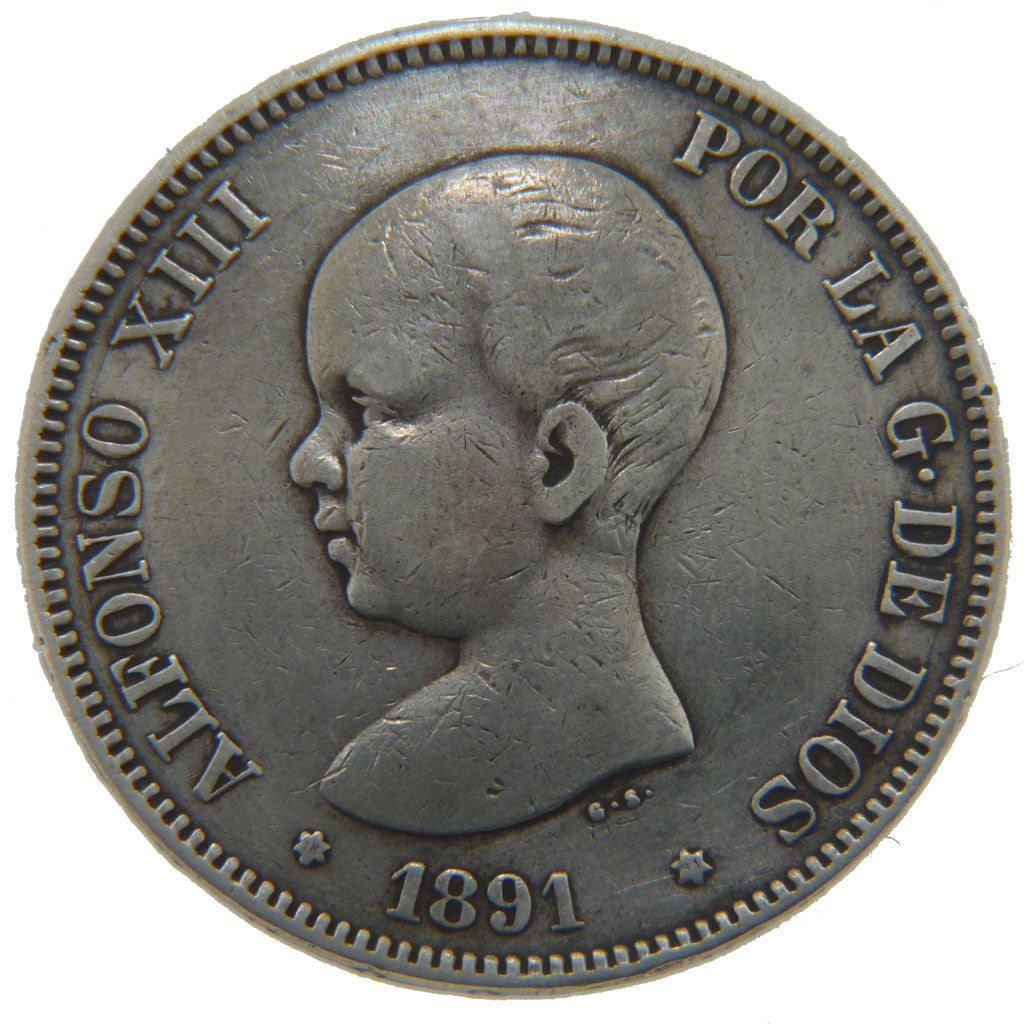 Spain, 5 Pesetas, 1891, KM #689, VF(30-35), Silver, 25.00
