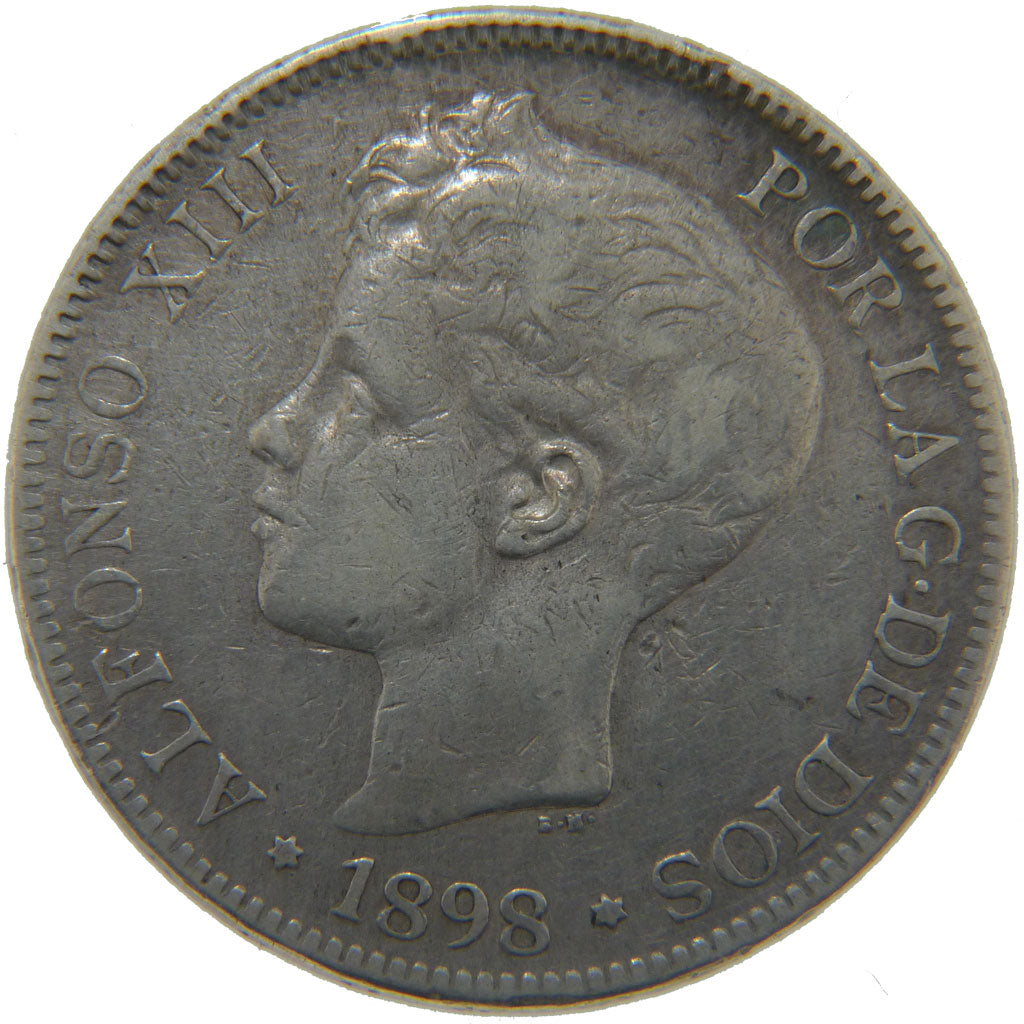 Spain, 5 Pesetas, 1898, KM #707, EF(40-45), Silver, 25.00