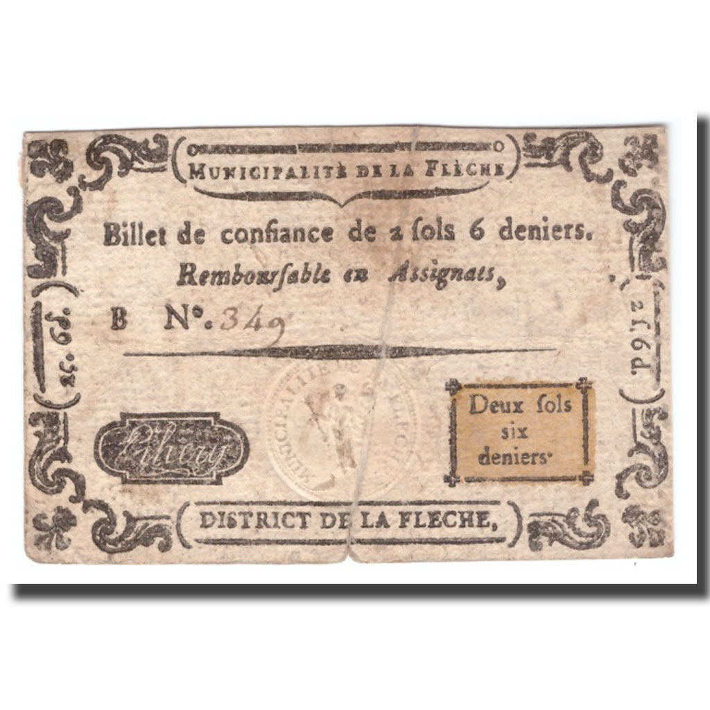 France, 2 Sols 6 Deniers, Undated (1792), LA FLECHE, VF(30-35)