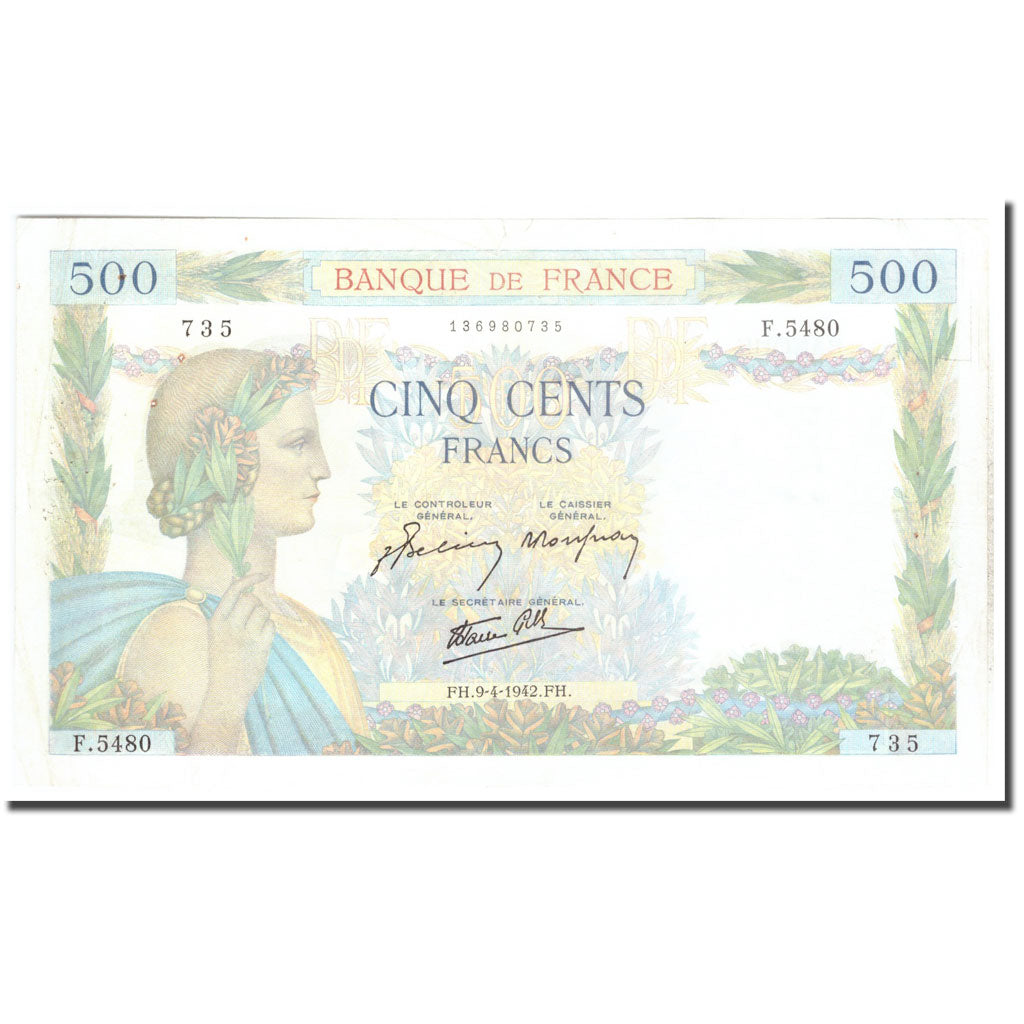 France, 500 Francs, La Paix, 1942, 1942-04-09, TB+, Fayette:19.34, KM:95b