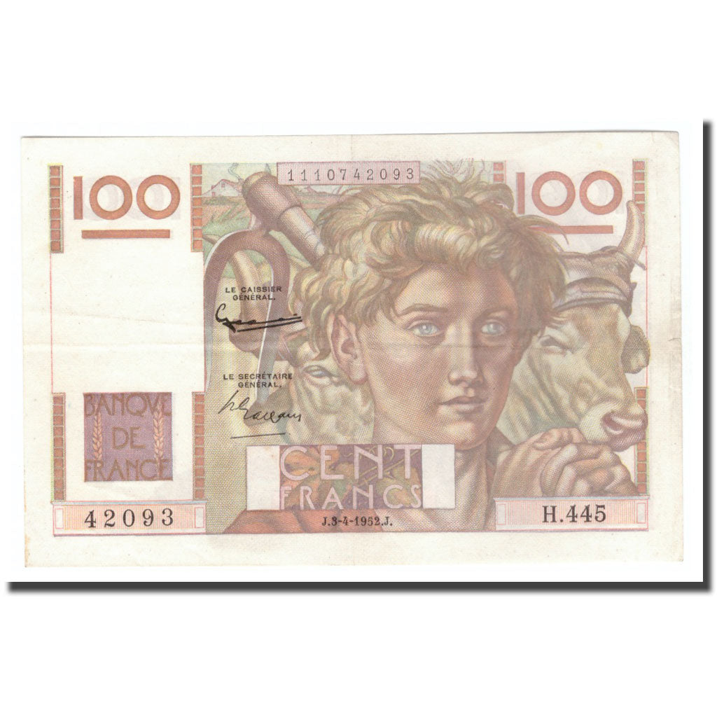 France, 100 Francs, Jeune Paysan, 1952, 1952-04-03, AU(50-53), Fayette:28.32