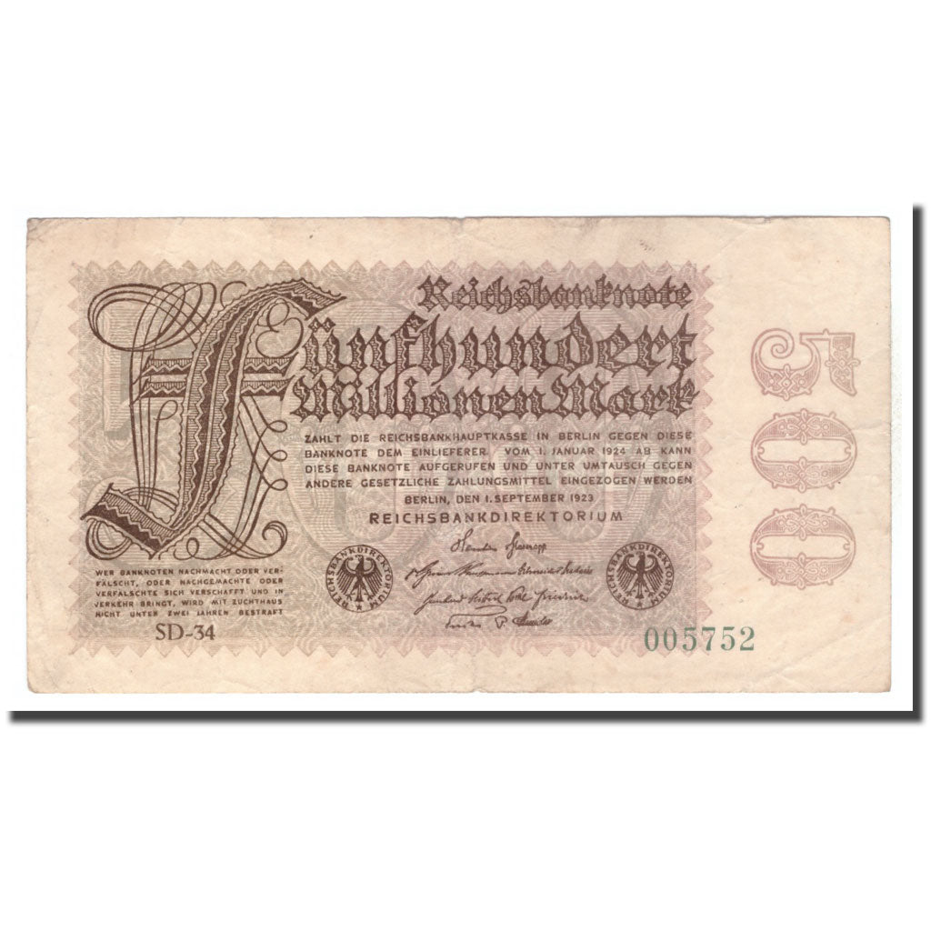 Banconote, Germania, 500 Millionen Mark, 1923, 1923-09-01, KM:110a, MB