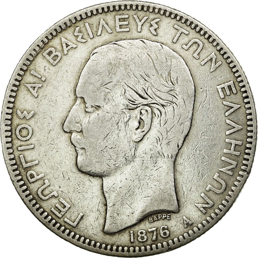 Coin, Greece, George I, 5 Drachmai, 1876, Paris, VF(30-35), Silver, KM:46