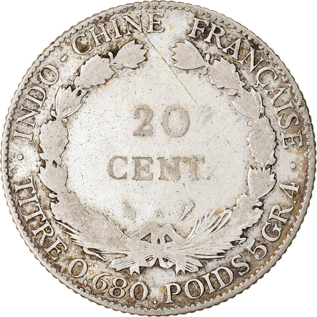 Coin, FRENCH INDO-CHINA, 20 Cents, 1922, Paris, VF(20-25), Silver, KM:17.1