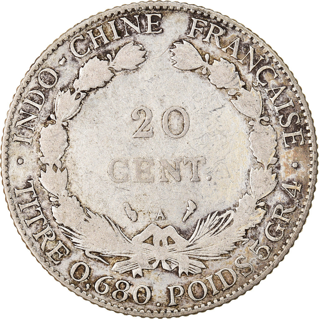 Coin, FRENCH INDO-CHINA, 20 Cents, 1922, Paris, VF(20-25), Silver, KM:17.1