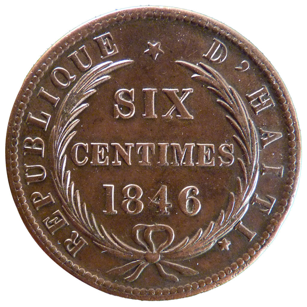 Haiti, 6 Centimes, 1846, KM #28, AU(50-53), Bronze, 15.70