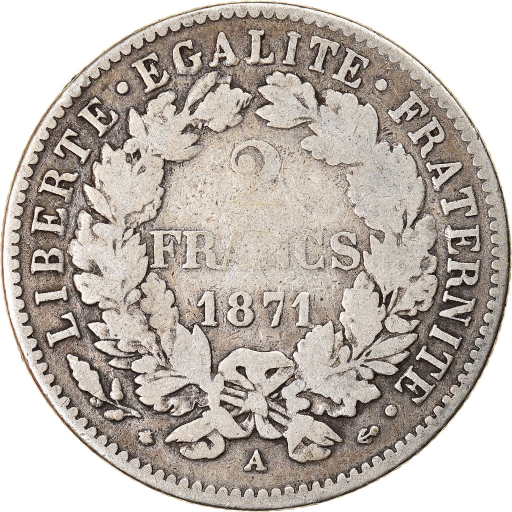 France, Cérès, 2 Francs, 1871, Paris, F(12-15), Silver, KM:817.1, Gadoury:530