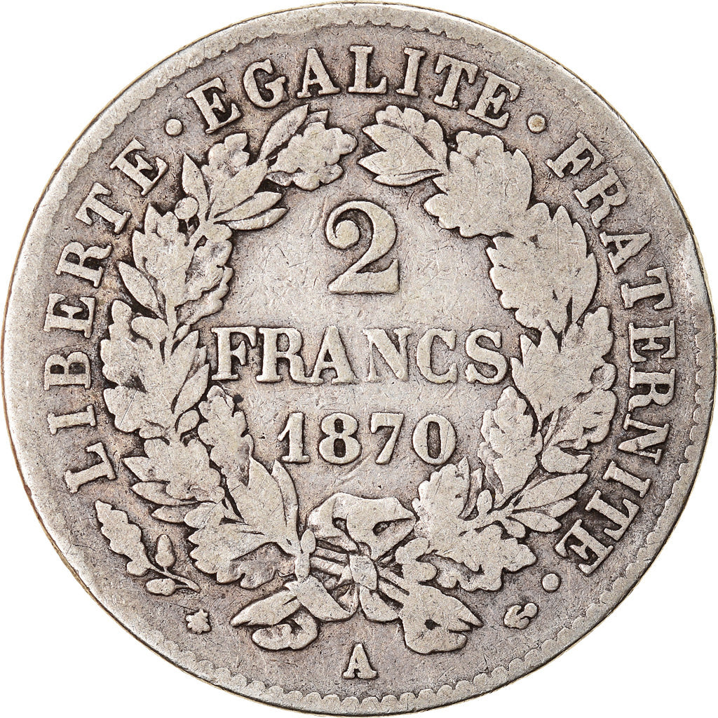 Coin, France, Cérès, 2 Francs, 1870, Paris, VF(20-25), Silver, KM:817.1