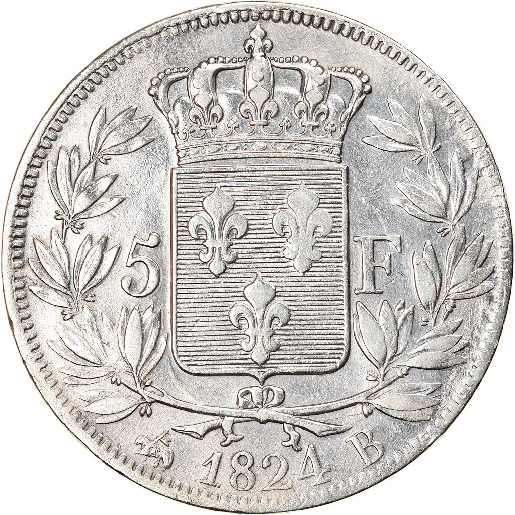 Munten, Frankrijk, Louis XVIII, Louis XVIII, 5 Francs, 1824, Rouen, ZF, Zilver