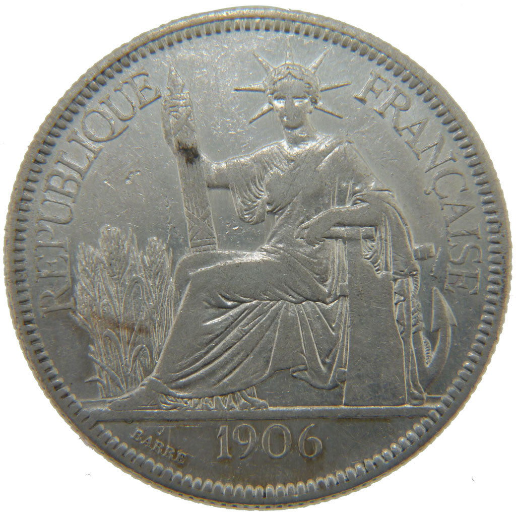 FRENCH INDO-CHINA, Piastre, 1906, Paris, KM #5a.1, EF(40-45), Silver, Lecompte..