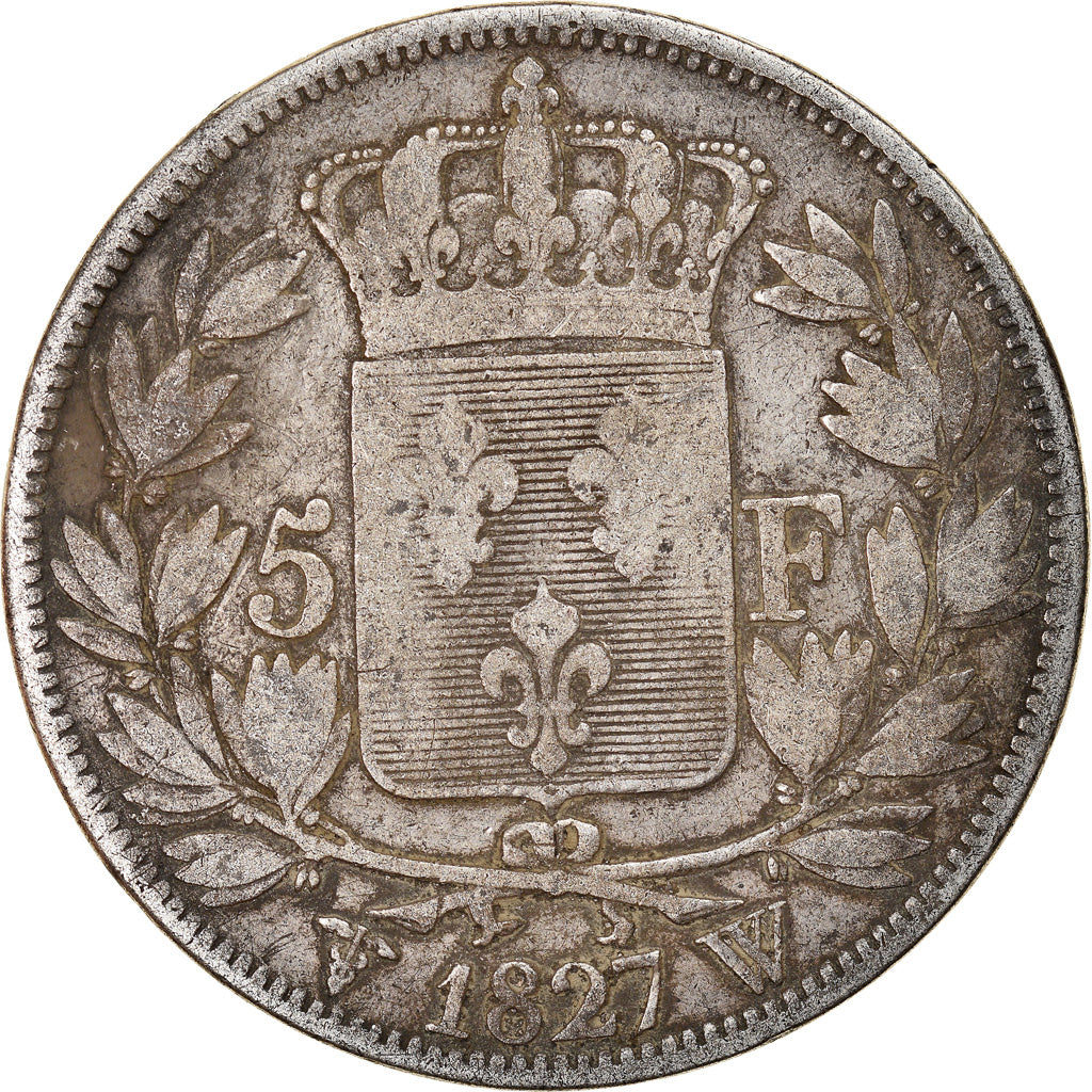 Moeda, França, Charles X, 5 Francs, 1827, Lille, VF(30-35), Prata, KM:728.13