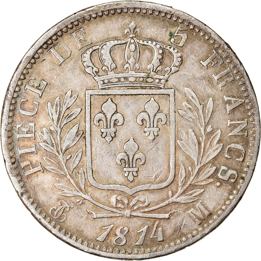 Moneda, Francia, Louis XVIII, Louis XVIII, 5 Francs, 1814, Toulouse, MBC, Plata