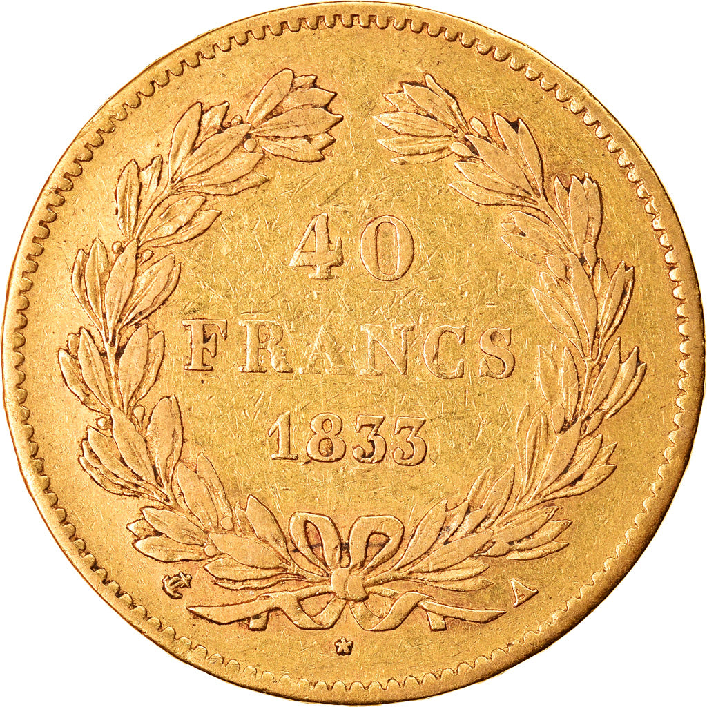 Moneta, Francia, Louis-Philippe, 40 Francs, 1833, Paris, MB+, Oro, KM:747.1