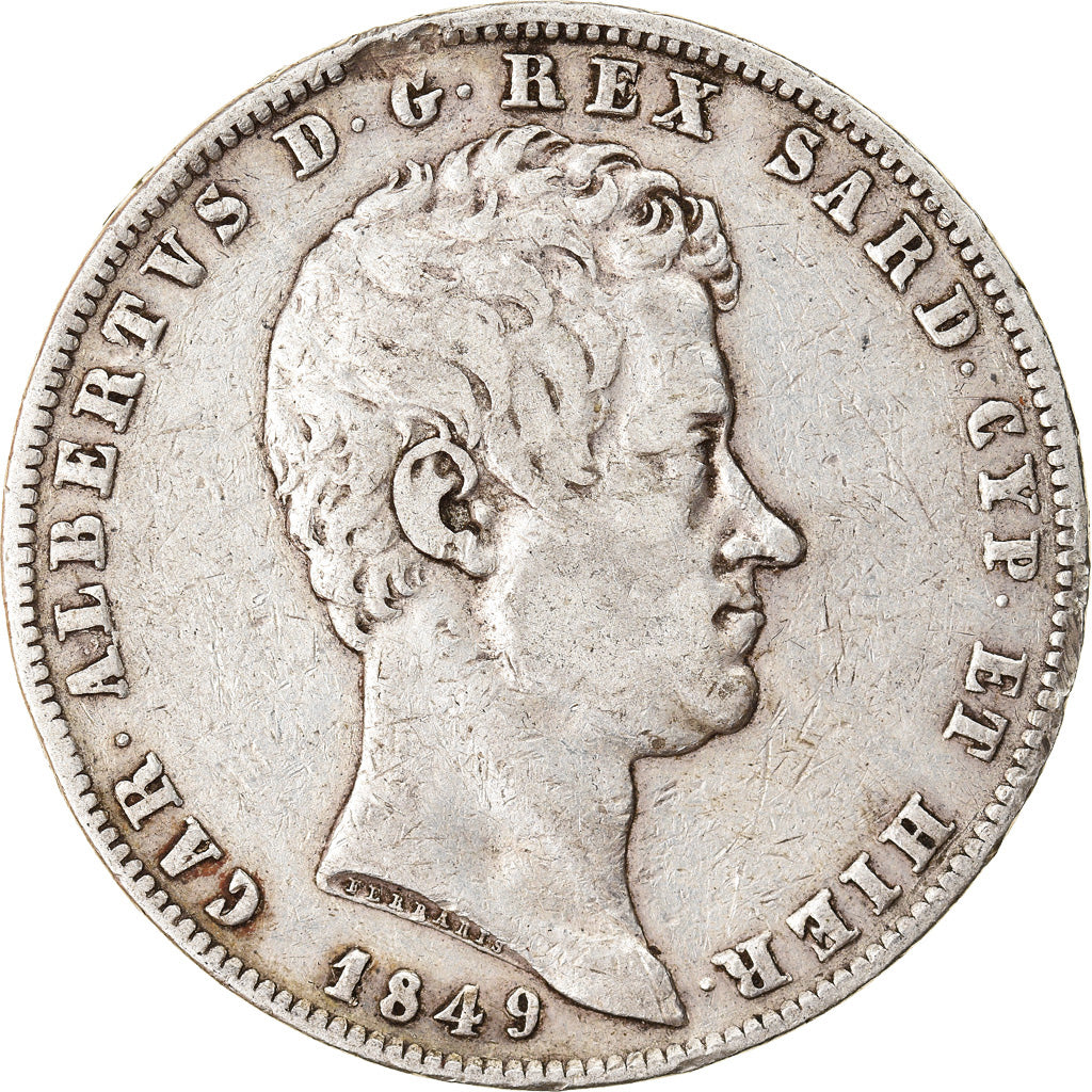 Moneta, STATI ITALIANI, SARDINIA, Carlo Alberto, 5 Lire, 1849, Genoa, MB+