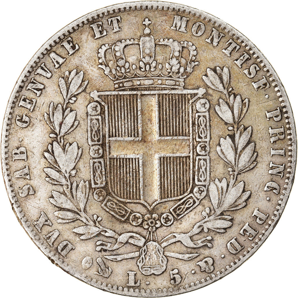 Moneta, STATI ITALIANI, SARDINIA, Carlo Alberto, 5 Lire, 1849, Genoa, MB+