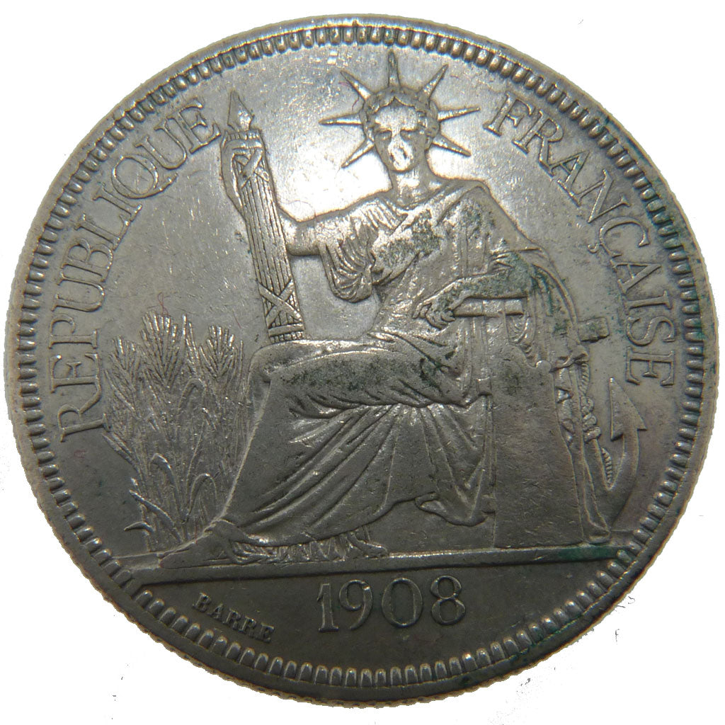 Indochine, 1 Piastre, 1908, Paris, EF(40-45), Silver, Lecompte #291, 26.80