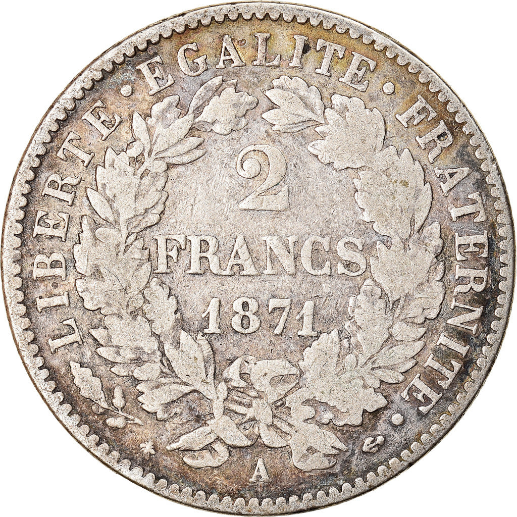 France, Cérès, 2 Francs, 1871, Paris, F(12-15), Silver, KM:817.1, Gadoury:530