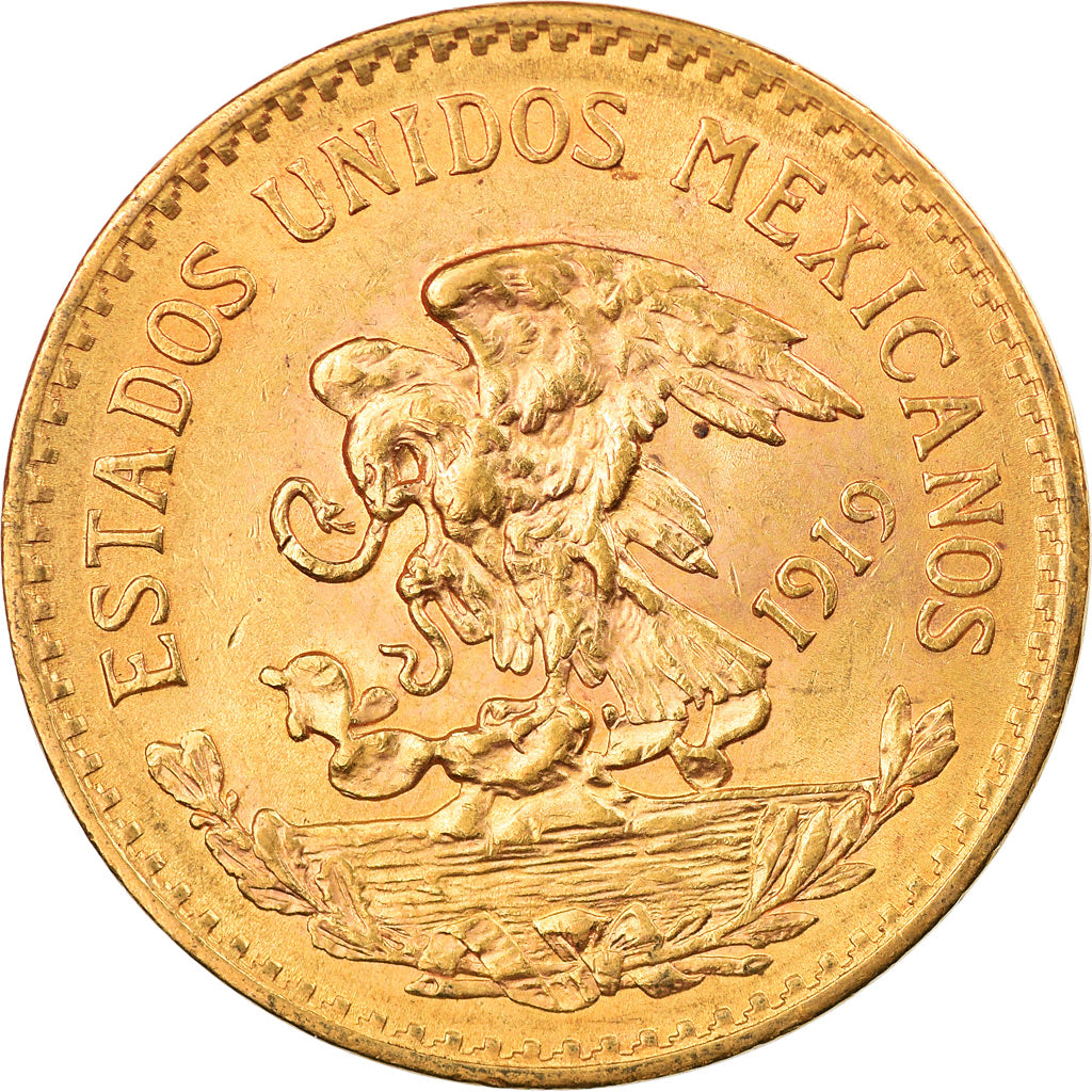 México, 20 Pesos, 1919, Mexico City, EBC, Oro, KM:478
