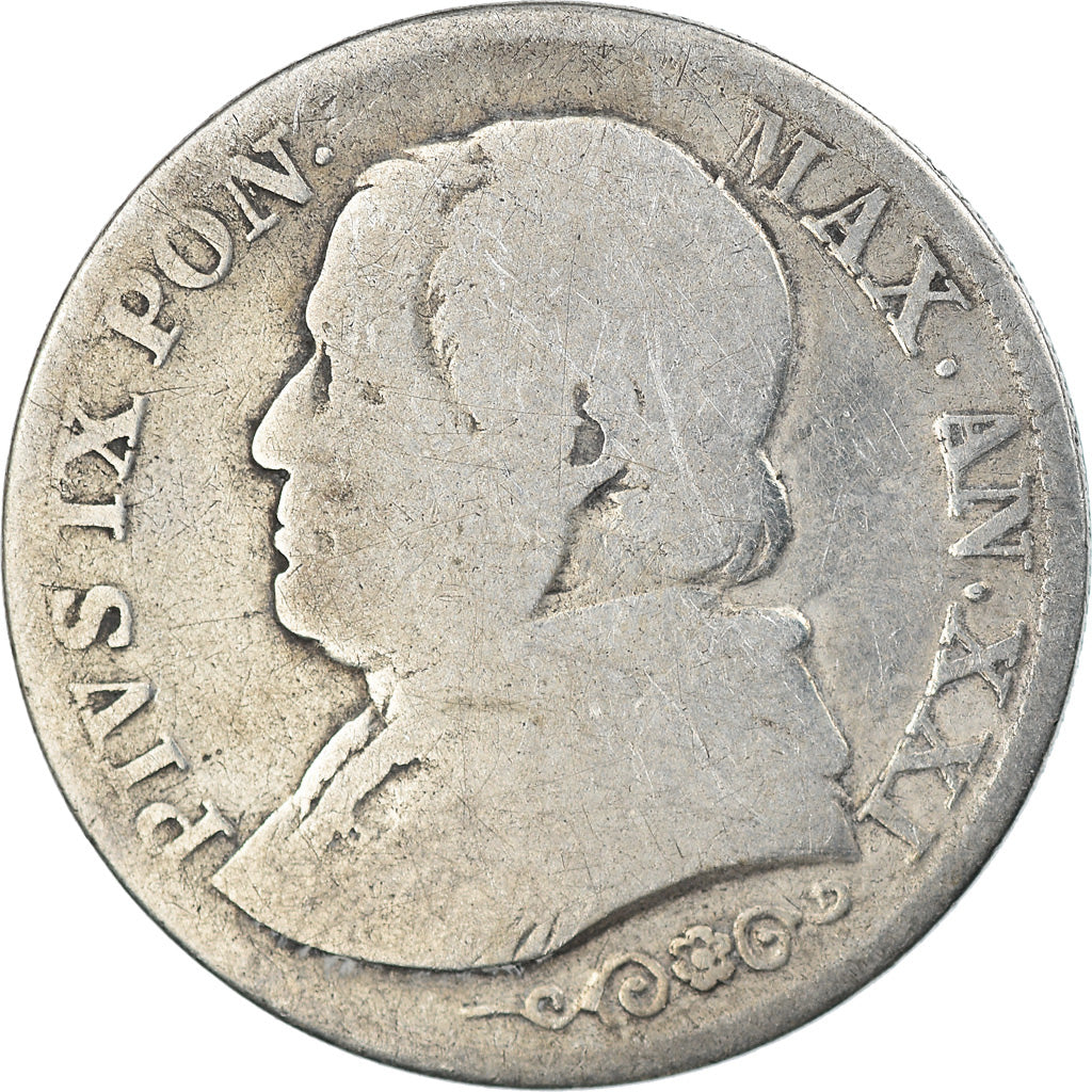 ITALIAN STATES, Lira, 1866, Roma, KM #1378, VF(20-25), Silver, 4.82