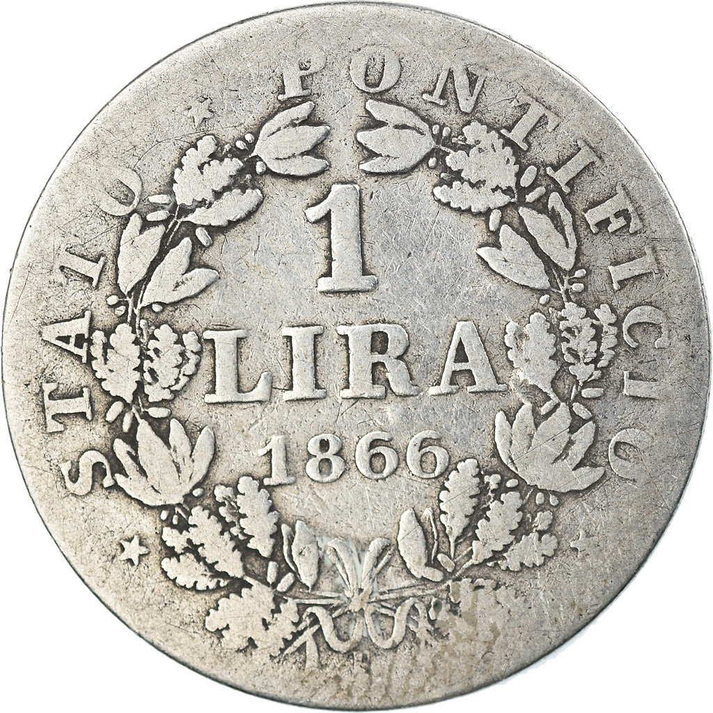 ITALIAN STATES, Lira, 1866, Roma, KM #1378, VF(20-25), Silver, 4.82