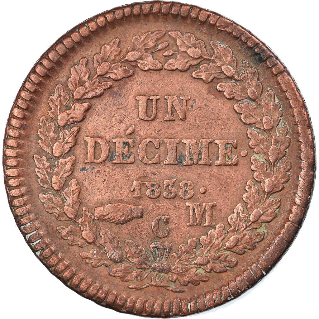 Moneta, Monaco, Honore V, Decime, 1838, Monaco, MB+, Rame, KM:97.1
