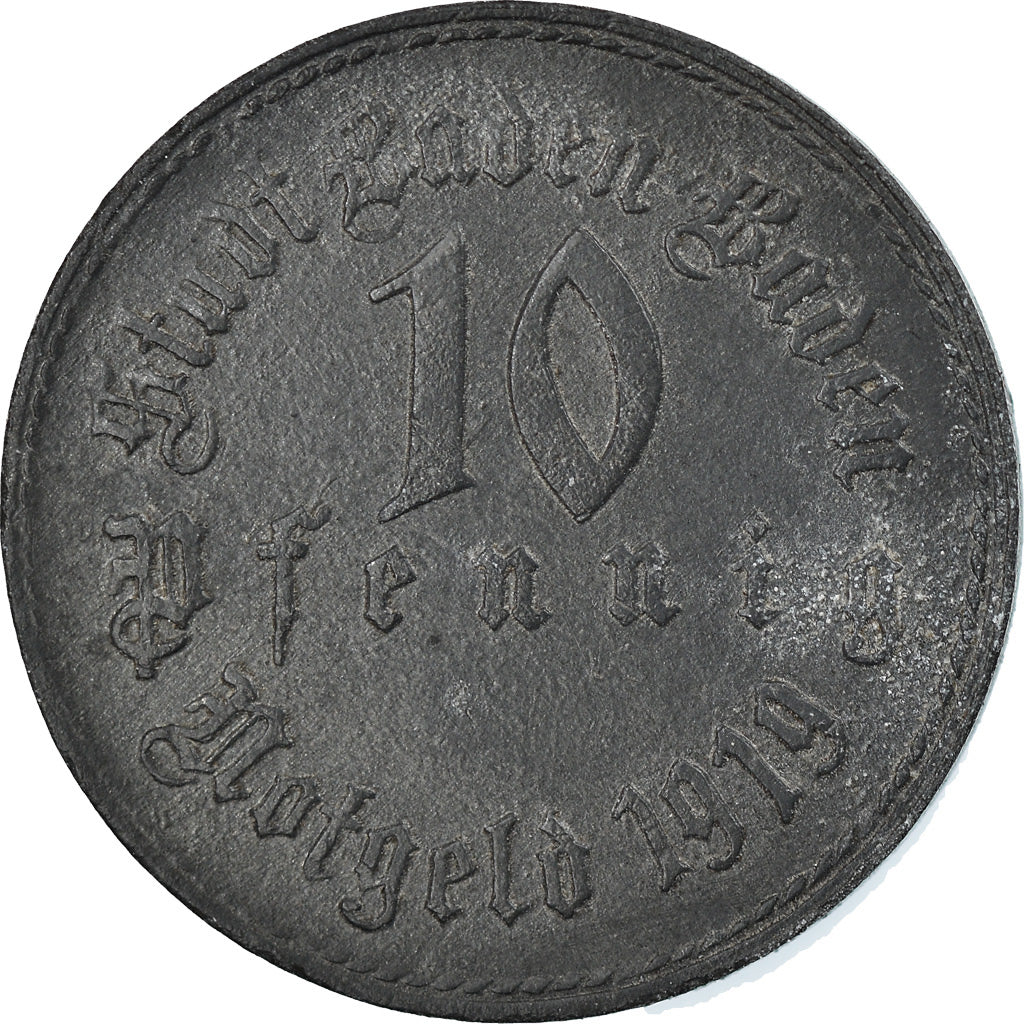 Coin, Germany, Notgeld, Baden-Baden, 10 Pfennig, 1919, EF(40-45), Zinc