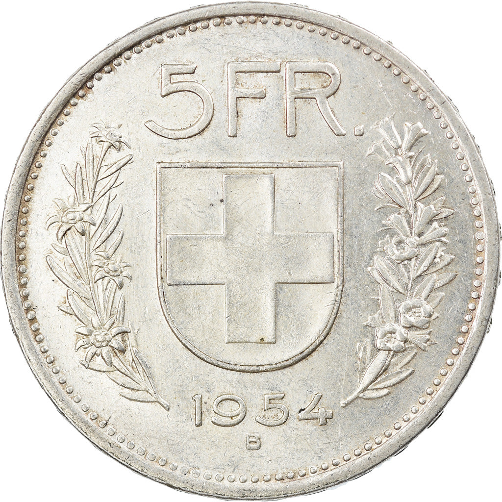 Coin, Switzerland, 5 Francs, 1954, Bern, EF(40-45), Silver, KM:40
