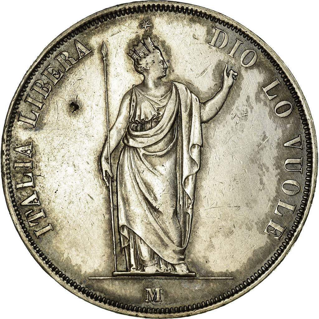 Coin, ITALIAN STATES, LOMBARDY-VENETIA, 5 Lire, 1848, Milan, AU(50-53), Silver