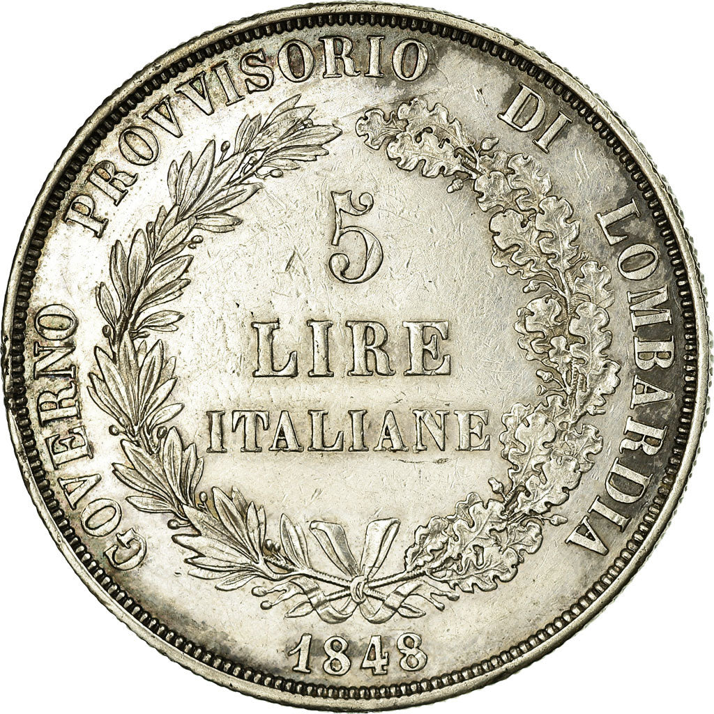 Coin, ITALIAN STATES, LOMBARDY-VENETIA, 5 Lire, 1848, Milan, AU(50-53), Silver